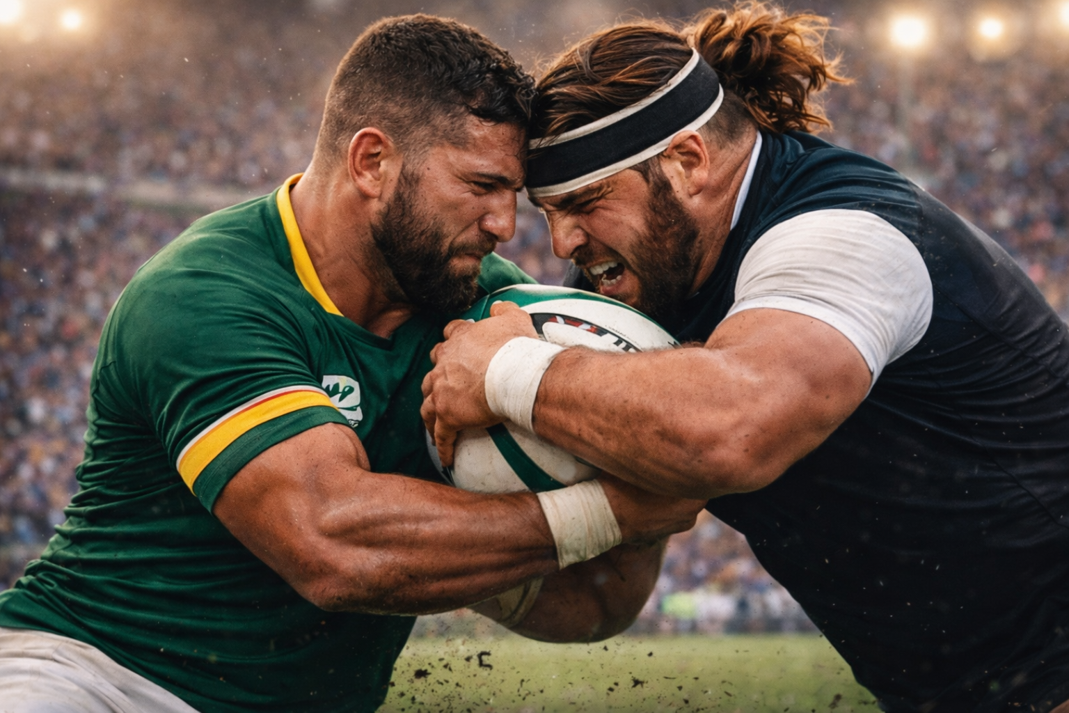 Rugby tackle in a packed stadium