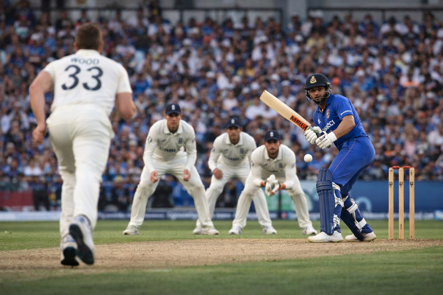 Cricket batter and wicketkeeper in a tense late-innings moment with stumps visible